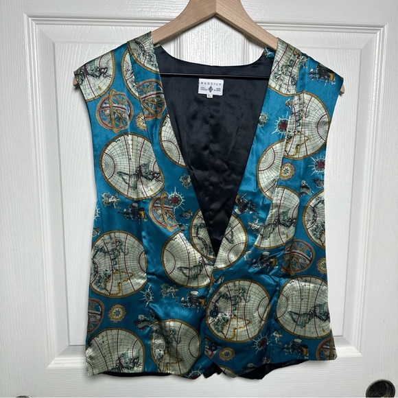 Vintage Mansilk 100% SILK Suit Vest Large Unisex 1980s ADJUSTABLE World Map Ship - Picture 1 of 14